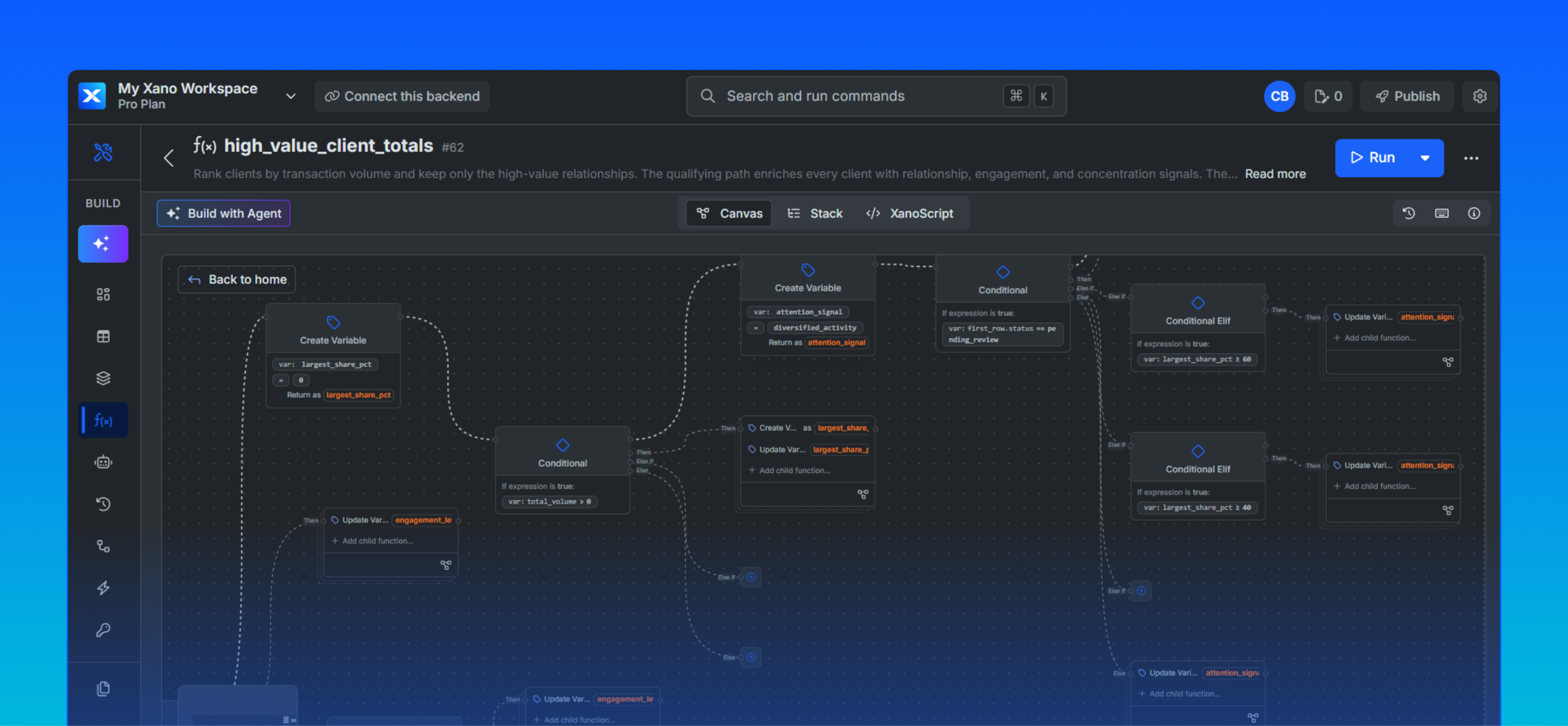 Xano workspace showing the live system