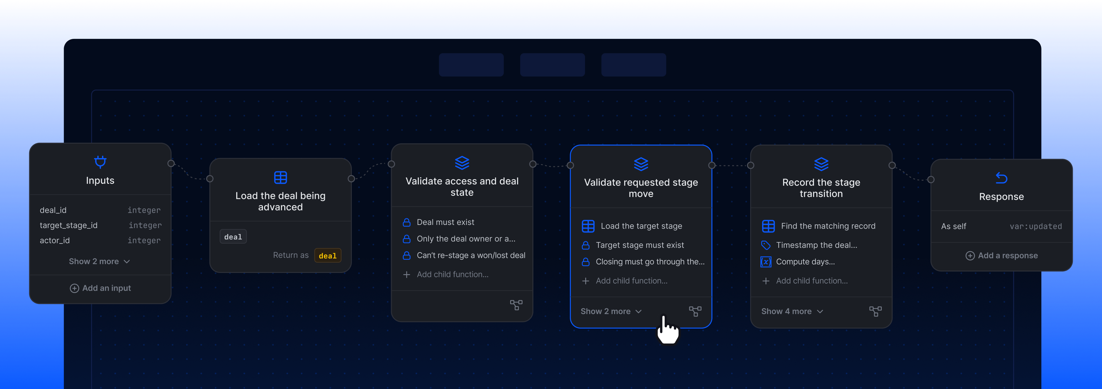 Visual logic builder showing the live workspace