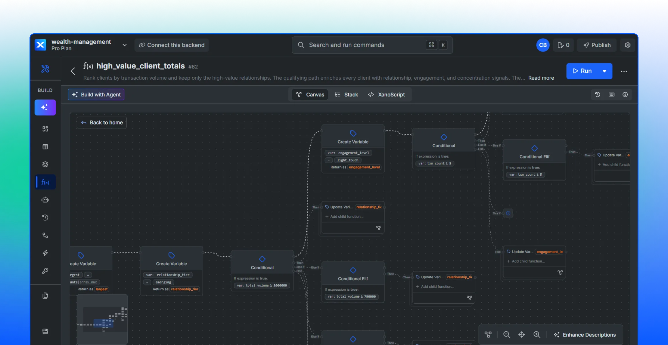 Visual canvas of live logic, data, and APIs