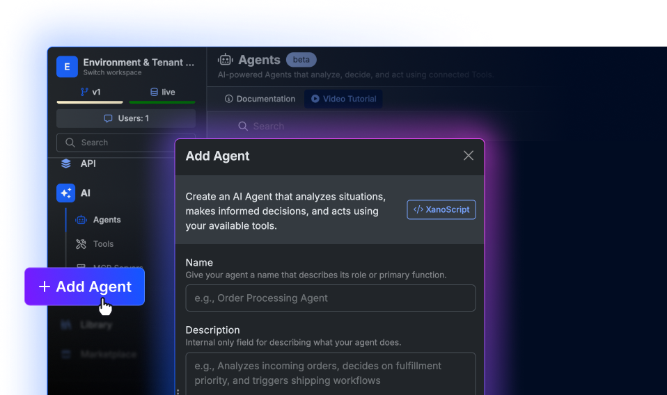 Build your first <span class='blue-pink-text-gradient'>AI agent</span> with Xano's complete toolkit.