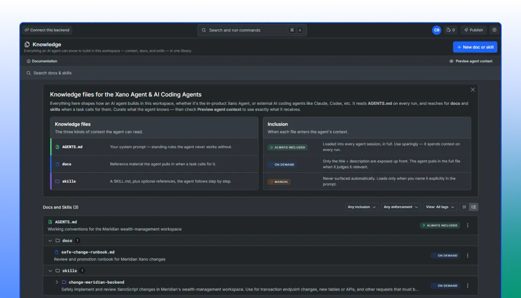 Xano Knowledge panel listing the AGENTS.md, docs, and skills every agent inherits