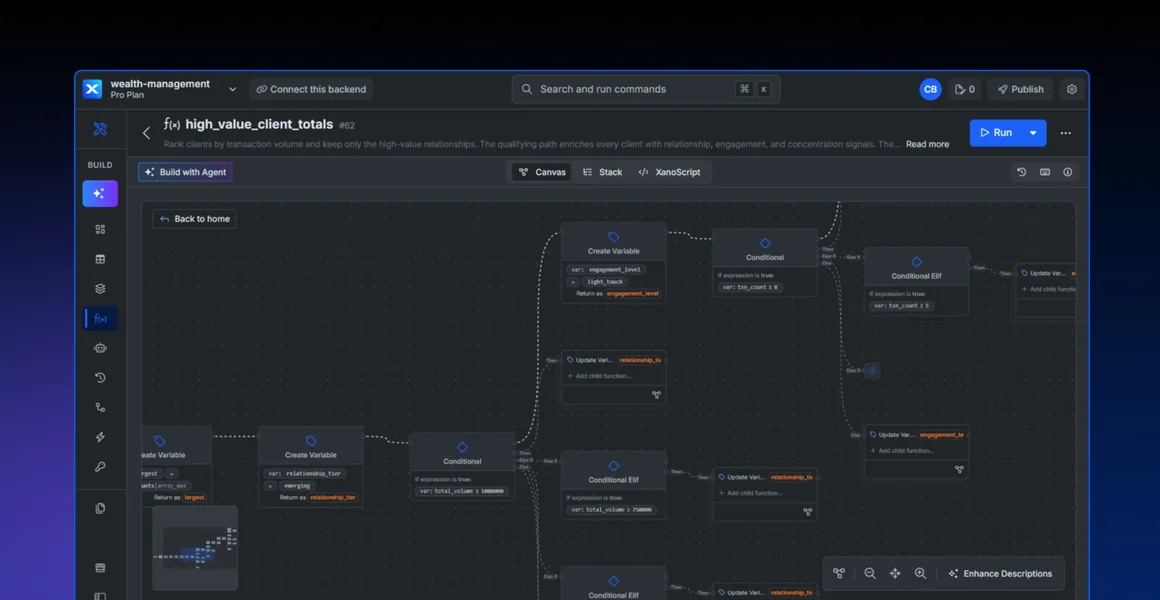 Canvas View of the high_value_client_totals function, its Create Variable, Conditional, and Update Variable steps drawn as connected nodes