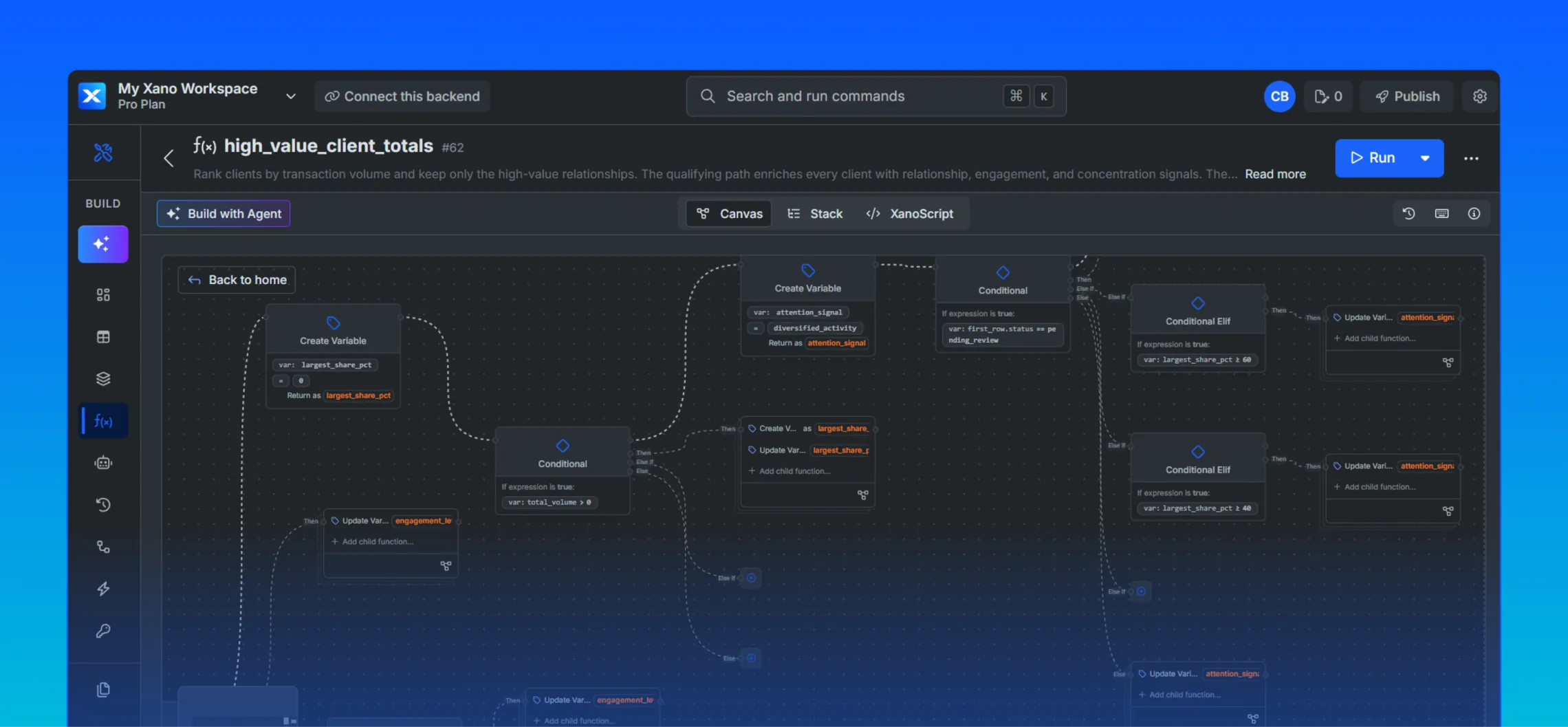 Xano workspace showing the live system