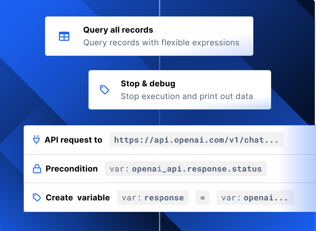 Xano function stack: query all records, stop and debug, an API request to OpenAI, a precondition, and a create variable step